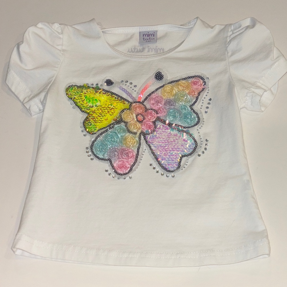 White Kids Tee with Sequin Butterfly